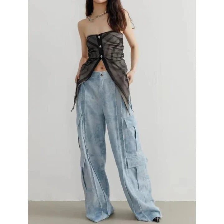 High-waisted tie-dye denim trousers with a straight-leg silhouette and practical pockets