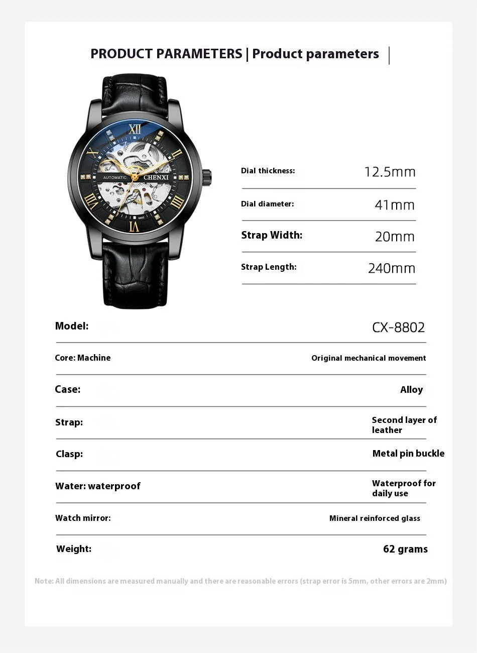 Premium automatic mechanical watch with a waterproof leather strap, featuring a sophisticated and versatile design.