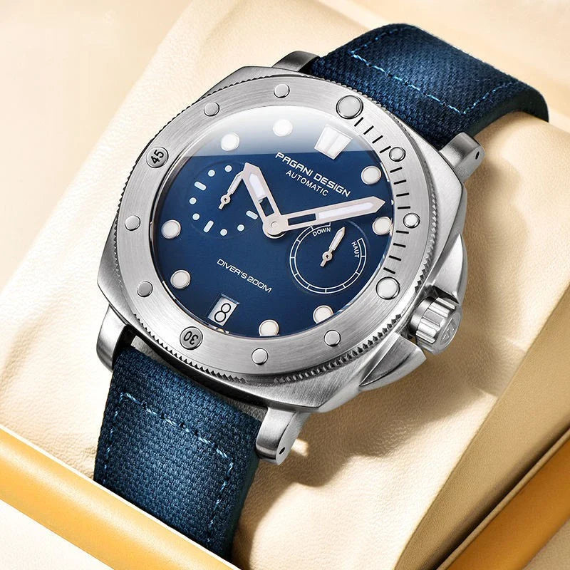 Sophisticated waterproof automatic mechanical watch with stainless steel case and textile strap, available in black, grey, green, and blue colour options