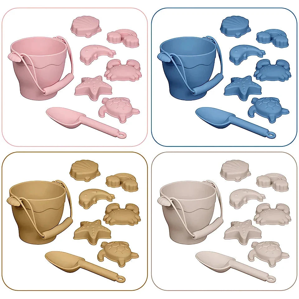 Premium eco-friendly silicone beach playset with bucket, spades, and themed molds for children's creative outdoor play