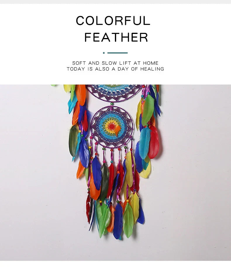 Colourful three-ring dreamcatcher wall hanging with feathers and beads, a unique and eye-catching home decor accent