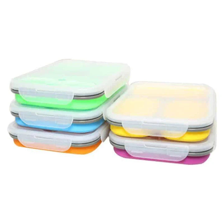 Collapsible silicone lunch box in orange colour, featuring a leakproof design and 1100ml capacity for on-the-go meals.