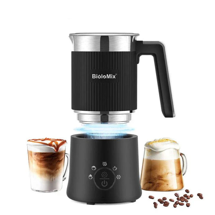 A stainless steel and black 5-in-1 automatic milk frother that can create hot, cold, and frothed milk for delicious coffee, latte, cappuccino, and hot chocolate drinks