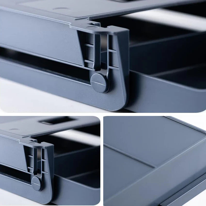 Discreet hidden under-desk storage drawer for pens, pencils, and other office supplies