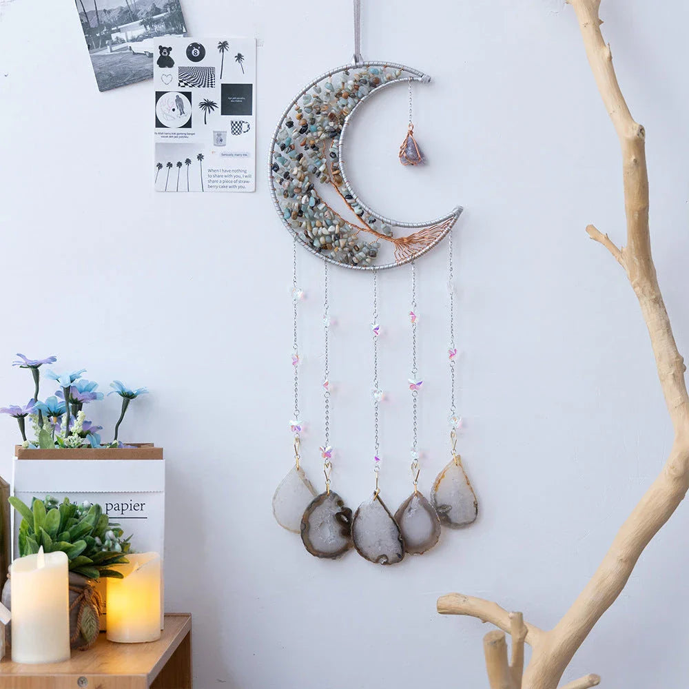 Mesmerising Moon Agate Crystal Pendant Dream Catcher with a stunning array of colourful agate crystals