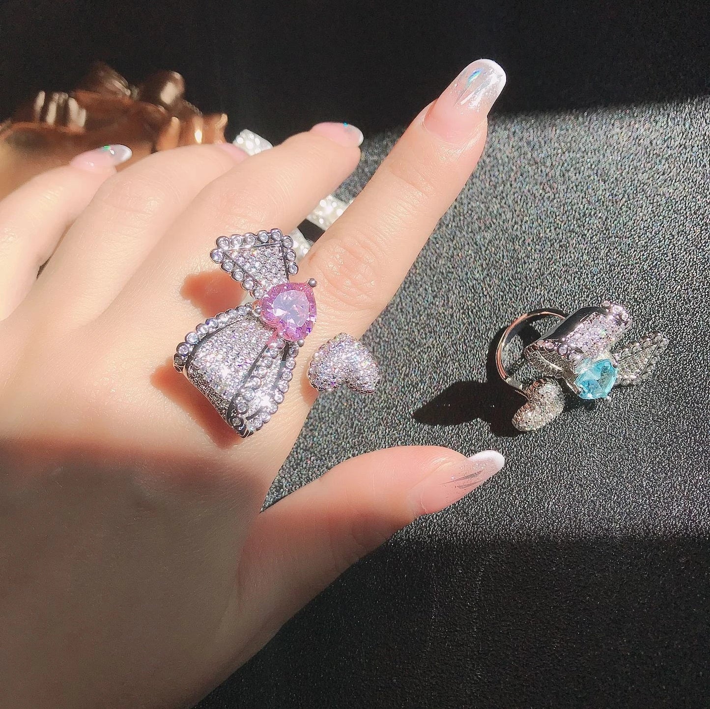Stylish asymmetric zirconium butterfly ring with micro-studded design, a fashionable accessory for women