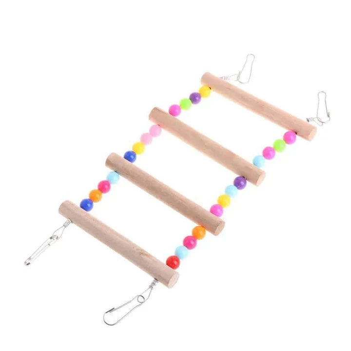 Sturdy wooden rainbow ladder with two hanging hooks, designed as a colourful climbing toy for pet birds
