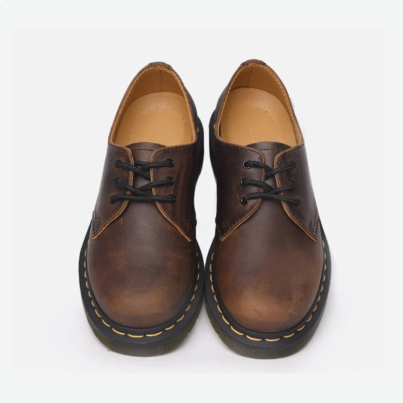 Premium crazy horse leather couple shoes with Martin-style design, PVC sole, and superfine fibre lining