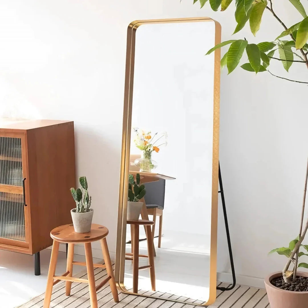 Elegant gold full-length mirror with a slender aluminum alloy frame, perfect for enhancing any living space.