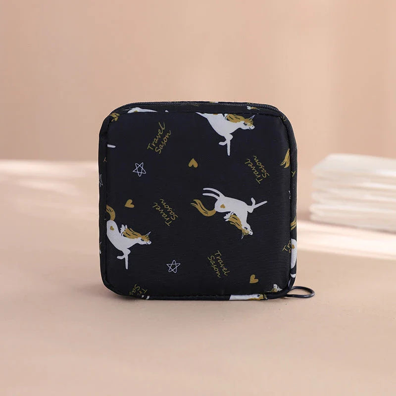 Portable Sanitary Napkin and Cosmetic Storage Bag in Tibetan Unicorn design, with a compact, folding design and contemporary pattern