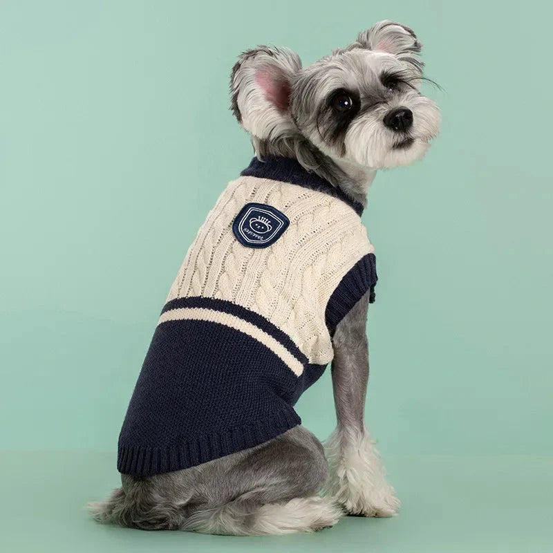 College-style pet dog sweater in green, red, and blue colours, designed for small and medium-sized dogs
