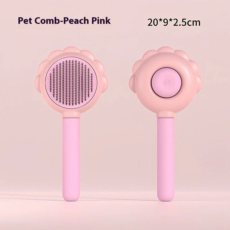 Premium 2-in-1 Self-Cleaning Pet Grooming Brush and Comb with curved comb teeth and ergonomic, non-slip handle for efficient and gentle grooming