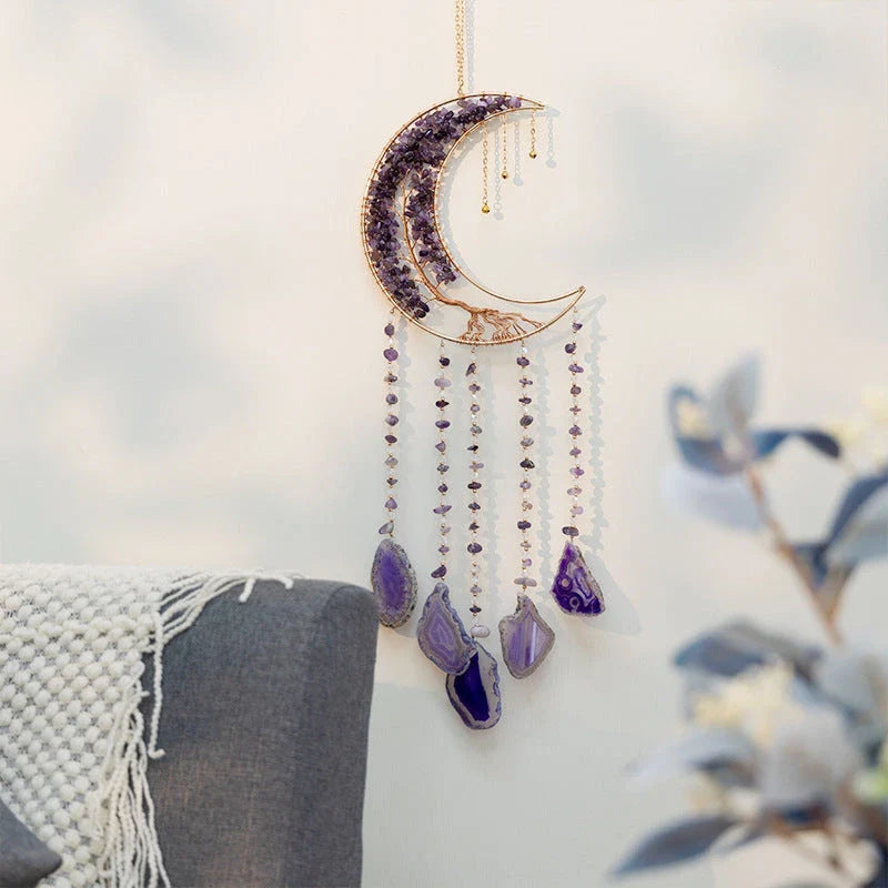 Mesmerising Moon Agate Crystal Pendant Dream Catcher with a stunning array of colourful agate crystals