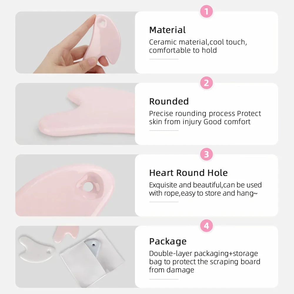 Ceramic Gua Sha facial massager in blue, pink, and white colours, designed to improve circulation and promote lymphatic drainage for radiant, youthful skin.