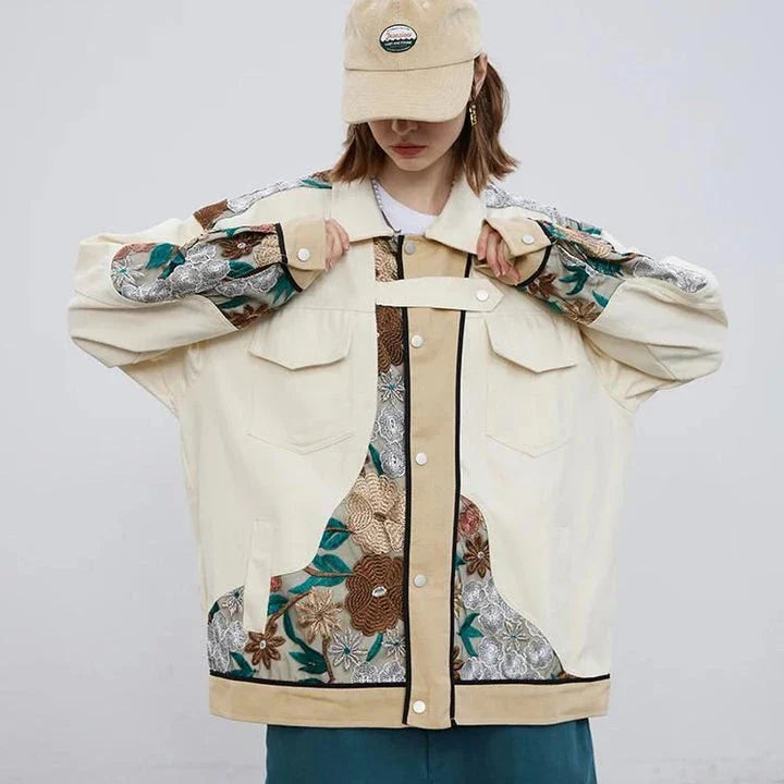 Trendy embroidered patchwork denim jacket in various sizes, perfect for autumn and winter wear