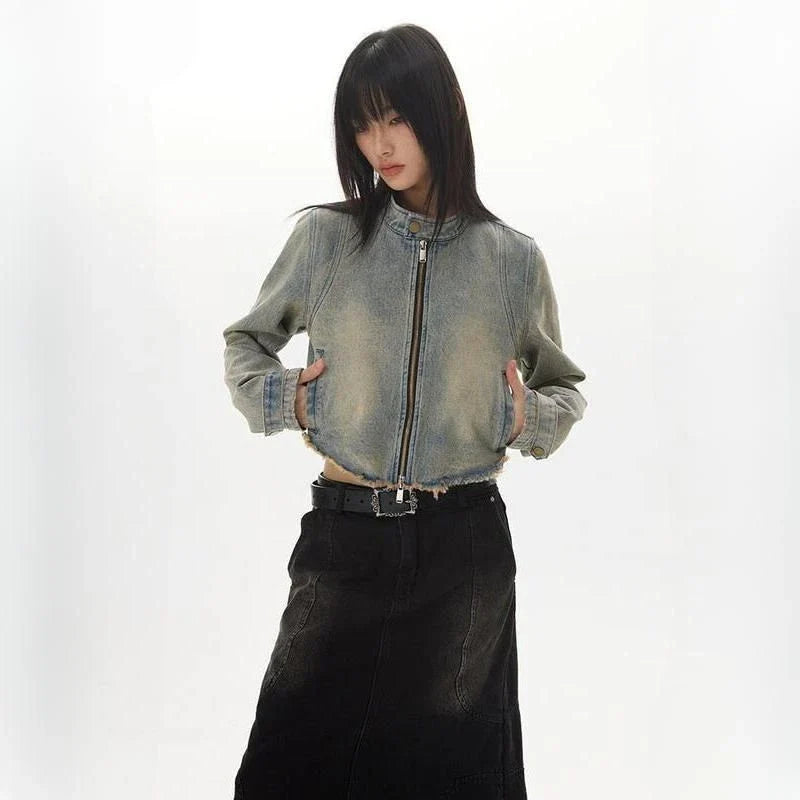 Retro Distressed Short Jacket with fur-trimmed sleeves, zipper closure, and chic O-neck design