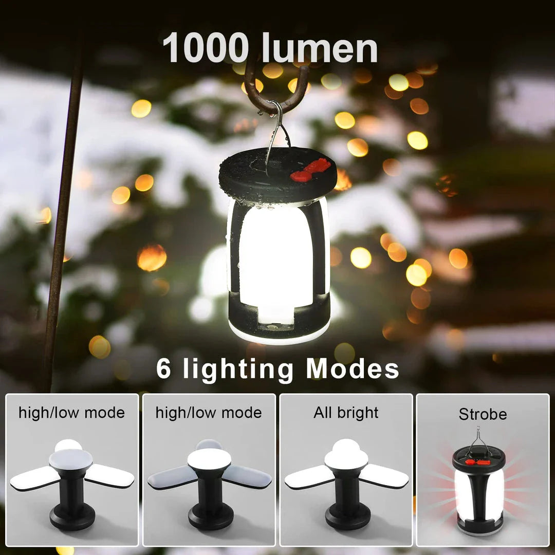 A 1000 lumen rechargeable solar LED camping lantern with a foldable design and versatile lighting modes