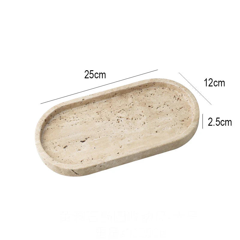 Handcrafted beige travertine marble tray with polished finish, versatile for use in vanity, kitchen, and around the home