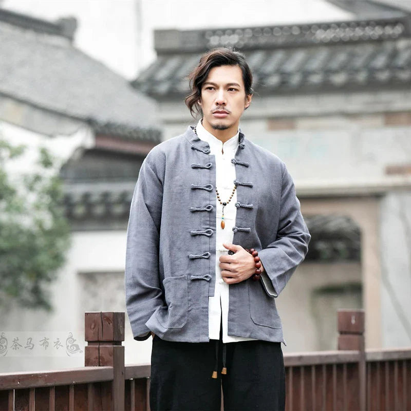 Stylish men's coat with a traditional Tang-style silhouette, made from a breathable cotton-linen blend and featuring a modern colour-block pattern