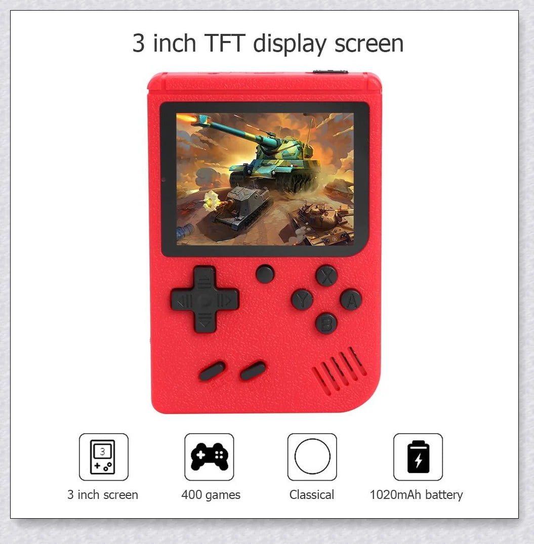 Tinytendo mini gaming console with 500 built-in retro games, compact and portable design, vibrant display, and long-lasting battery life.