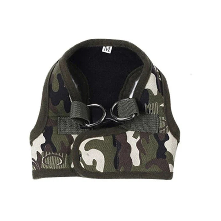 A stylish leopard-print dog harness made of durable polyester material for fashionable pups