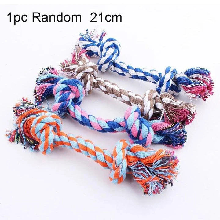 Robust cotton bone-shaped braided toy for dogs, designed to withstand chewing and promote dental health