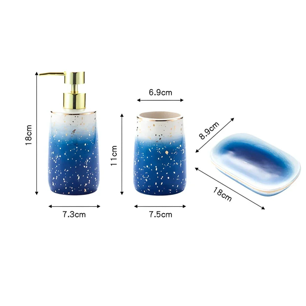 Luxury Ceramic Bathroom Accessory Set with shampoo dispenser, toothbrush cup, soap box, and versatile container in a modern, minimalist design