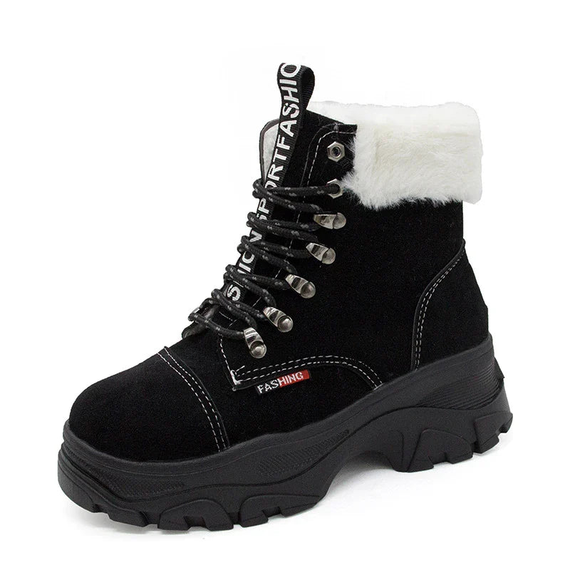 Stylish British platform boots with faux suede upper, lace-up closure, and wedge heel design