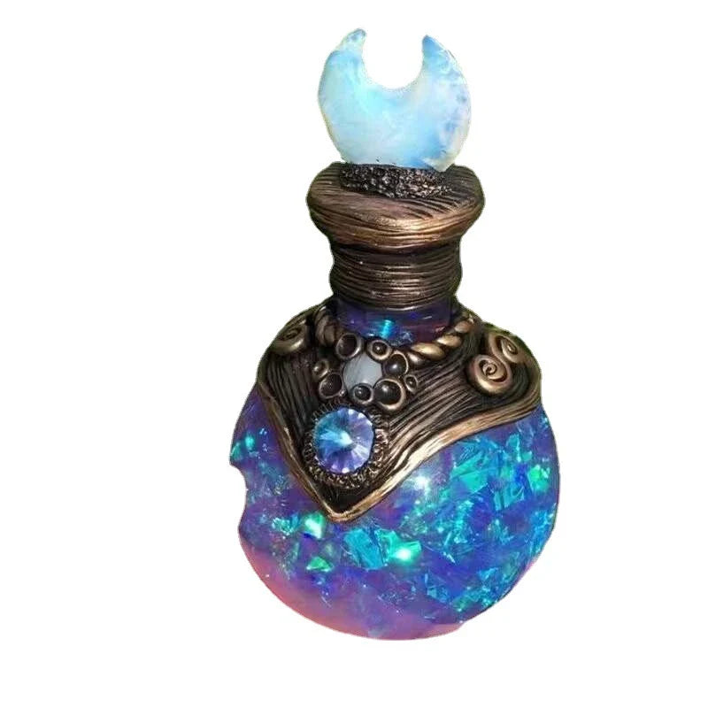 Shimmering resin mermaid bottle with iridescent tail, bathed in moonlight and captivating ambience