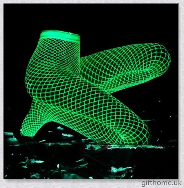 Pair of radiant fishnet stockings emitting a luminous glow, perfect for parties and festivals