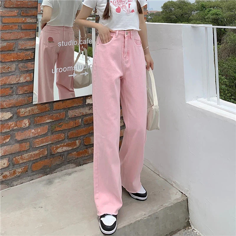 Premium cotton denim high-waist wide-leg trousers in a flattering, figure-hugging silhouette
