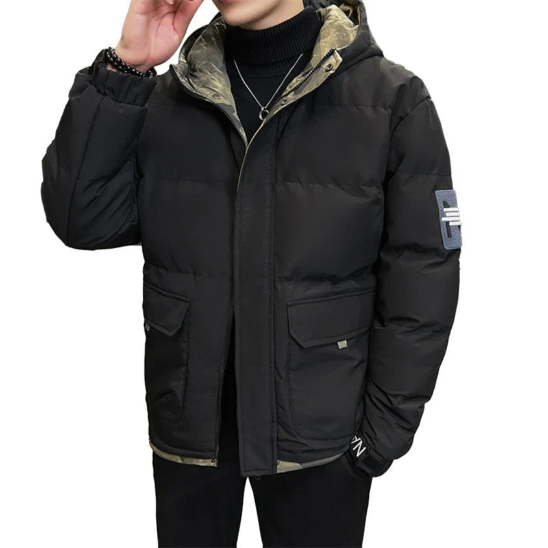 A premium hooded down coat in black, designed for stylish British gentlemen with superior warmth and weather-resistant construction.
