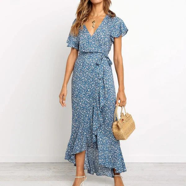 Elegant V-neck short-sleeved lace dress in a flattering silhouette, featuring delicate lace details and a blend of European and British fashion influences.