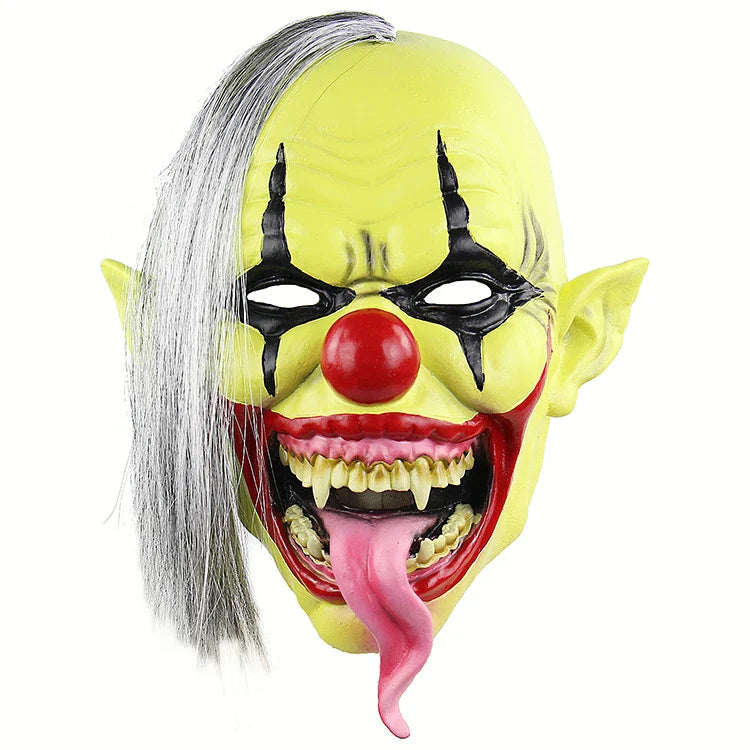 A chilling green-faced clown latex mask with a lifelike and unsettling expression, perfect for Halloween and Christmas festivities.