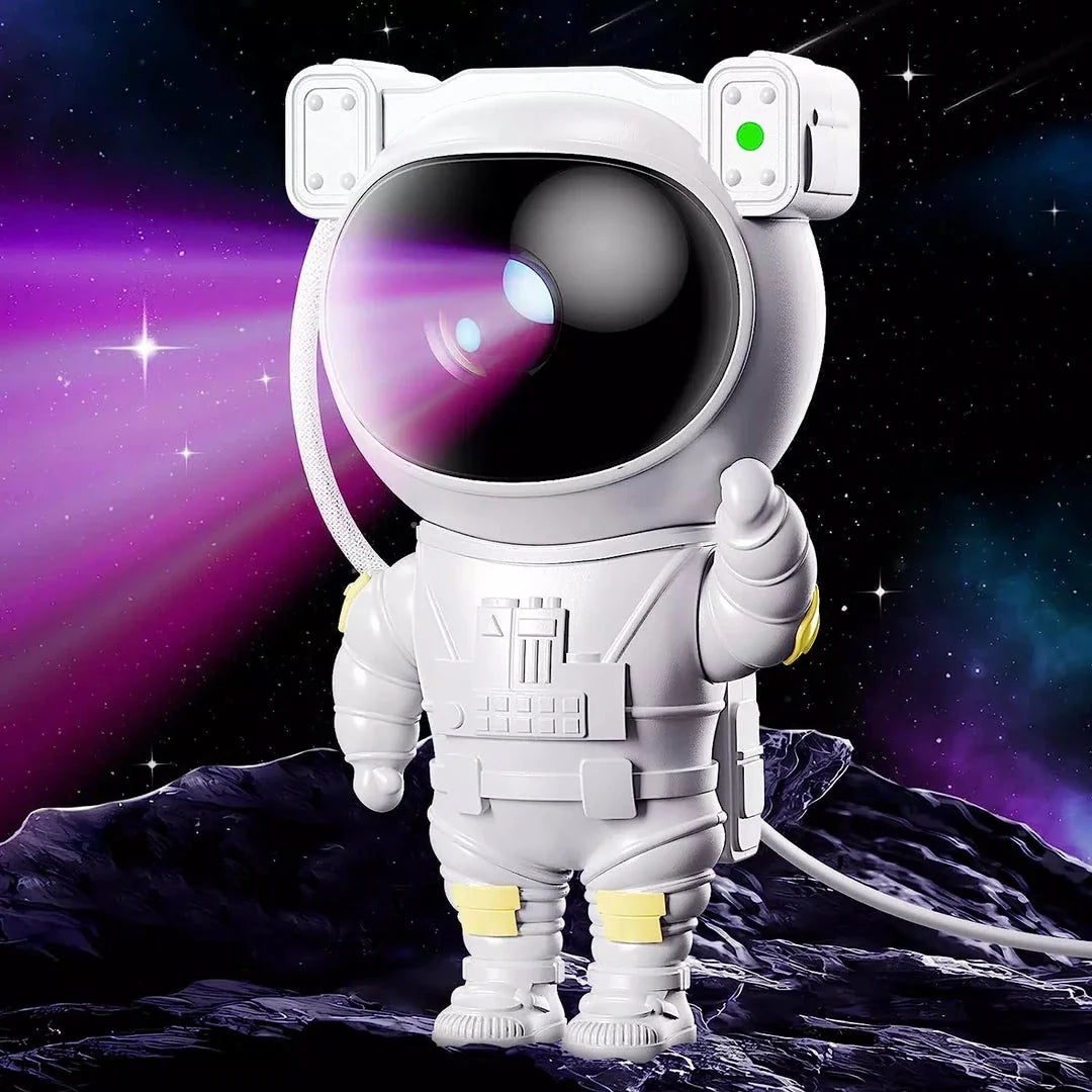 Astronaut-themed star projector lamp with rotating head and customisable features, creating a mesmerising nebula display in any room