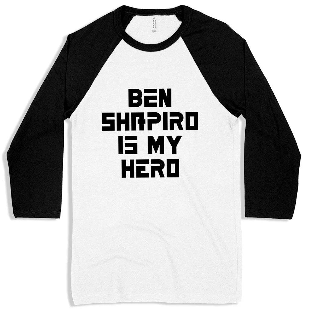 Premium Ben Shapiro baseball-style t-shirt in white and navy colours, featuring contrast raglan sleeves and side-seam detailing for a tailored fit