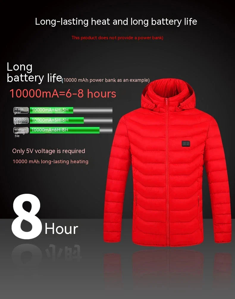 A stylish heated jacket with a removable hood, designed for warmth and comfort in chilly British weather.