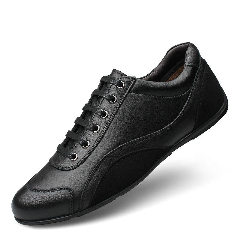Soft, durable cowhide leather shoes with a rounded toe and car-stitch detailing for a sophisticated business casual look.