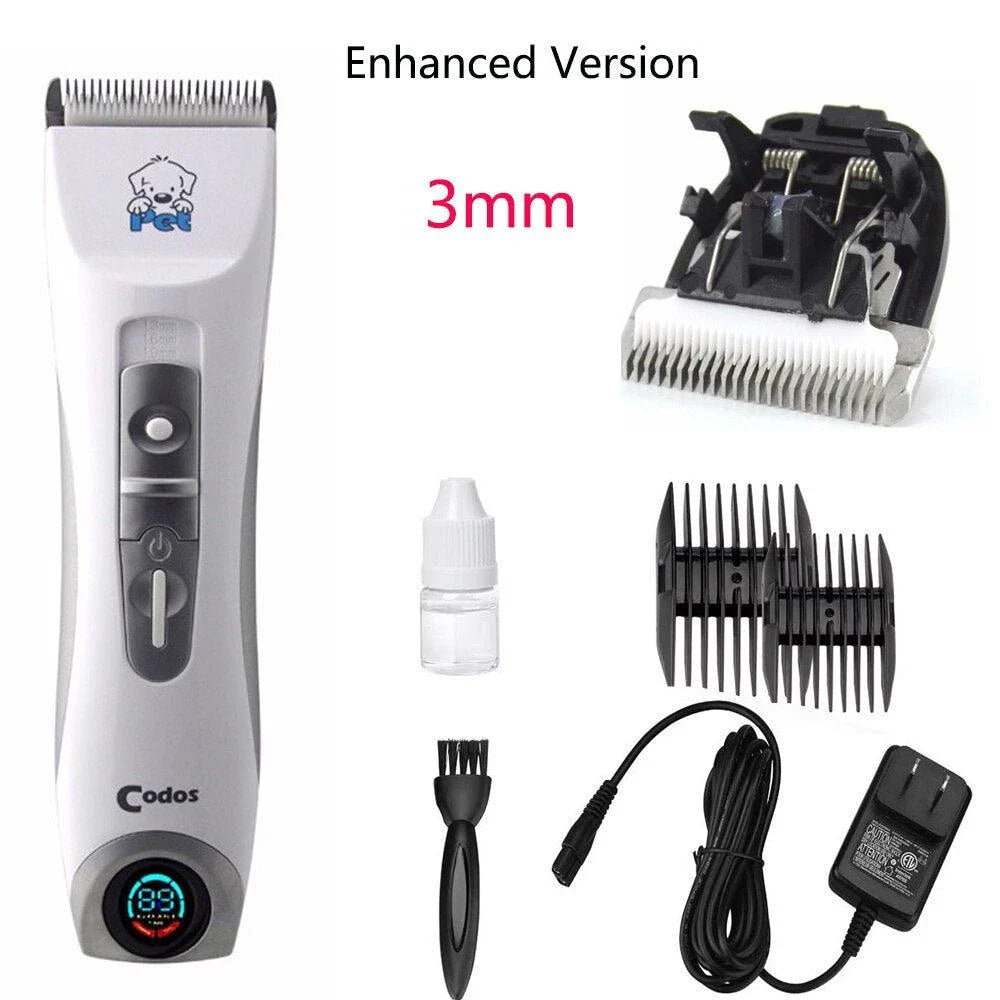 A modern, cordless electric dog grooming trimmer with an LCD display and multiple attachments for professional-quality pet grooming
