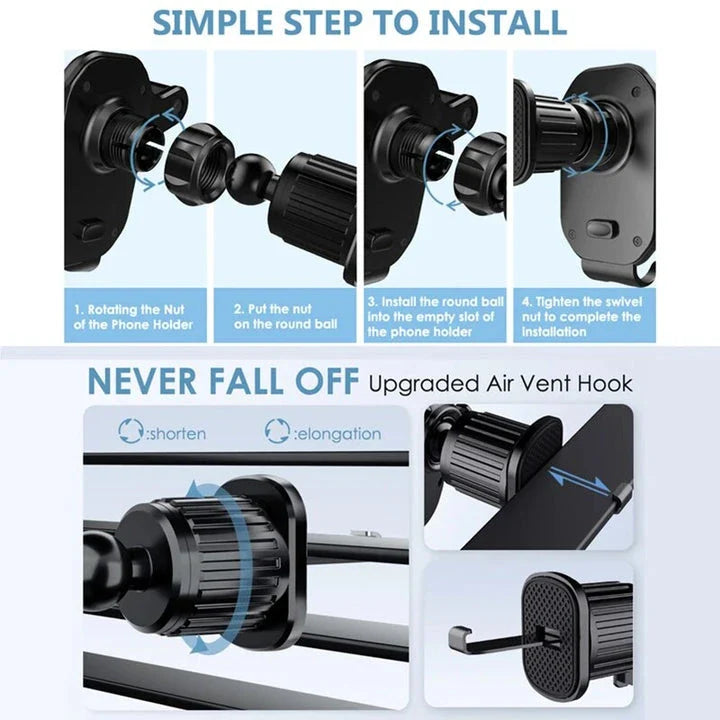 360-degree rotation car phone holder with secure hook-type base and one-handed operation for safe driving in the UK