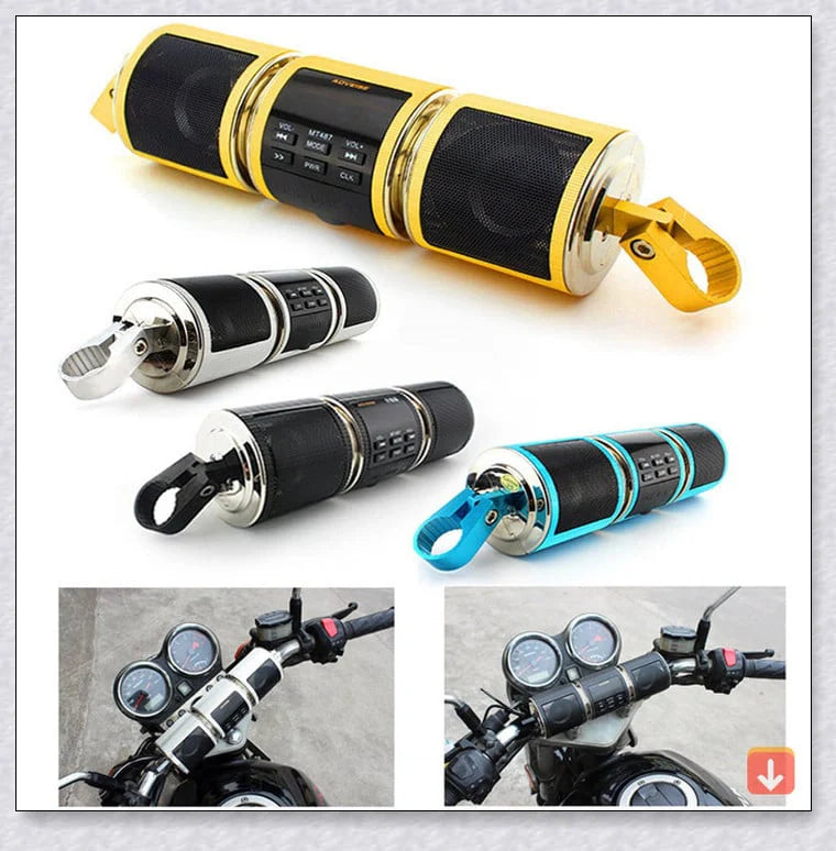 Powerful waterproof Bluetooth motorcycle speaker with resilient metal construction and adjustable handlebar mount