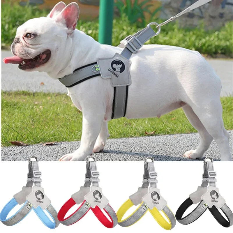 Reflective mesh dog harness vest with adjustable straps for a secure and comfortable fit, designed for safe and stylish walks with your canine companion.