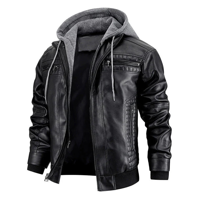 A stylish hooded PU jacket in black, designed for warm winter wear with practical features and a tailored fit.