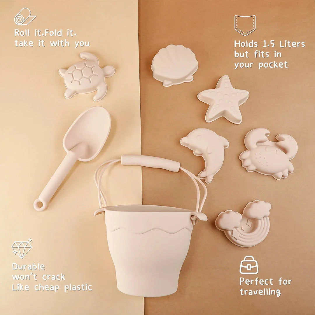 Premium eco-friendly silicone beach playset with bucket, spades, and themed molds for children's creative outdoor play