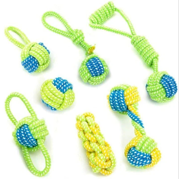 A 7-piece set of premium cotton rope toys for pets, featuring vibrant colours and varied shapes to stimulate your pet's senses