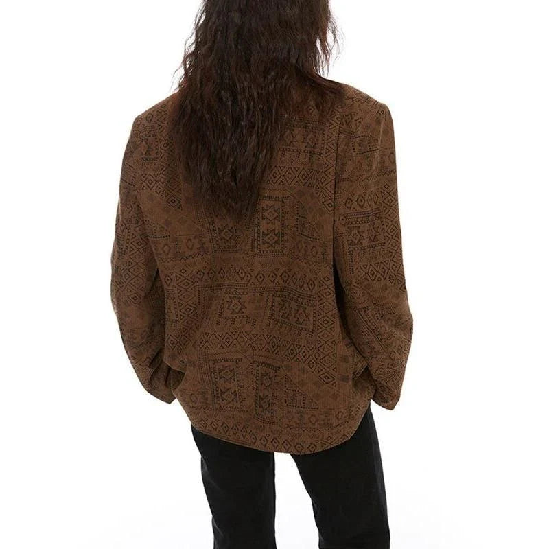 Women's Totem Print Blazer with Long Sleeves and Pockets in Autumn Elegance Design