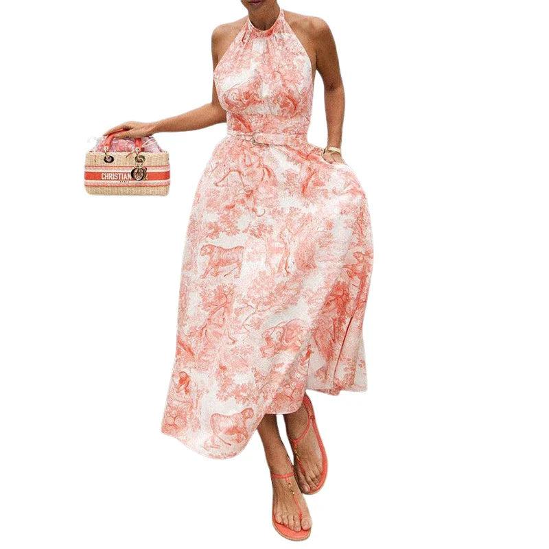 Sophisticated and versatile mid-length backless dress in a vibrant pink hue, featuring an A-line silhouette and convenient side pockets.