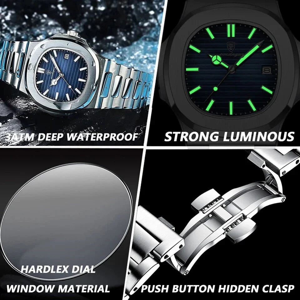 Refined Square Quartz Timepiece with stainless steel band, luminous hands, and water resistance up to 30 metres
