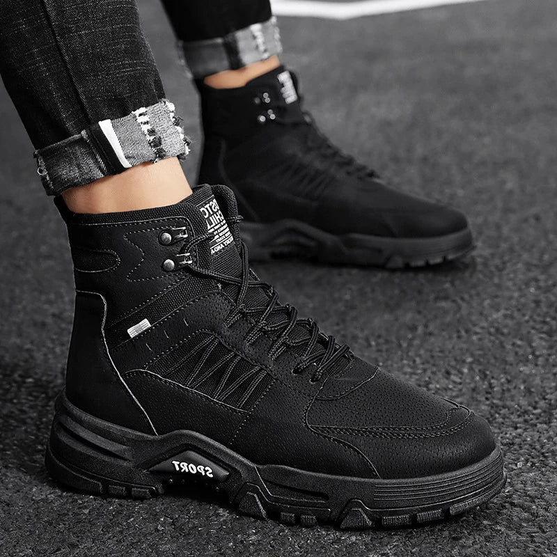 Premium leather work boots for men in black, khaki, and gray colours