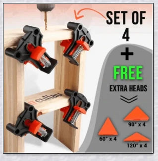 High-quality woodworking corner clamp set with 60°, 90°, and 120° angle heads for precise alignment and secure clamping